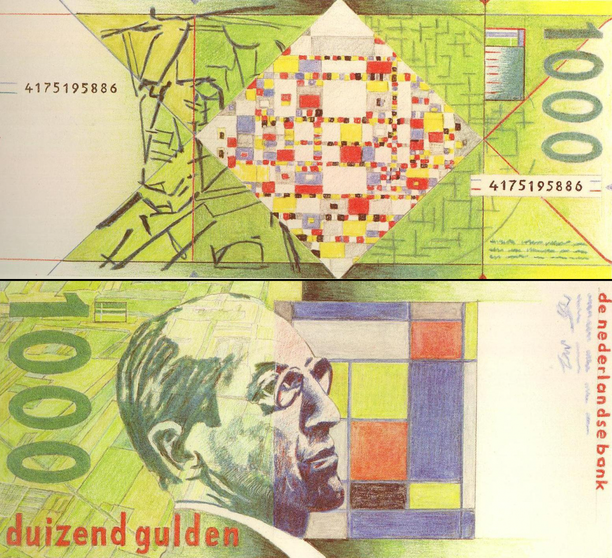In '80 liet De Nederlandsche Bank een serie bankbiljetten ontwerpen. Rob Schröder ontwierp een serie waarin Mondriaans onafgemaakte 'Victory Boogie Woogie' op het biljet van 1000 gulden stond.